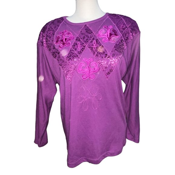 Vintage Cervelle Embroidered Patch Front Crew Neck Blouse Sz Small Womens Purple - Picture 5 of 10